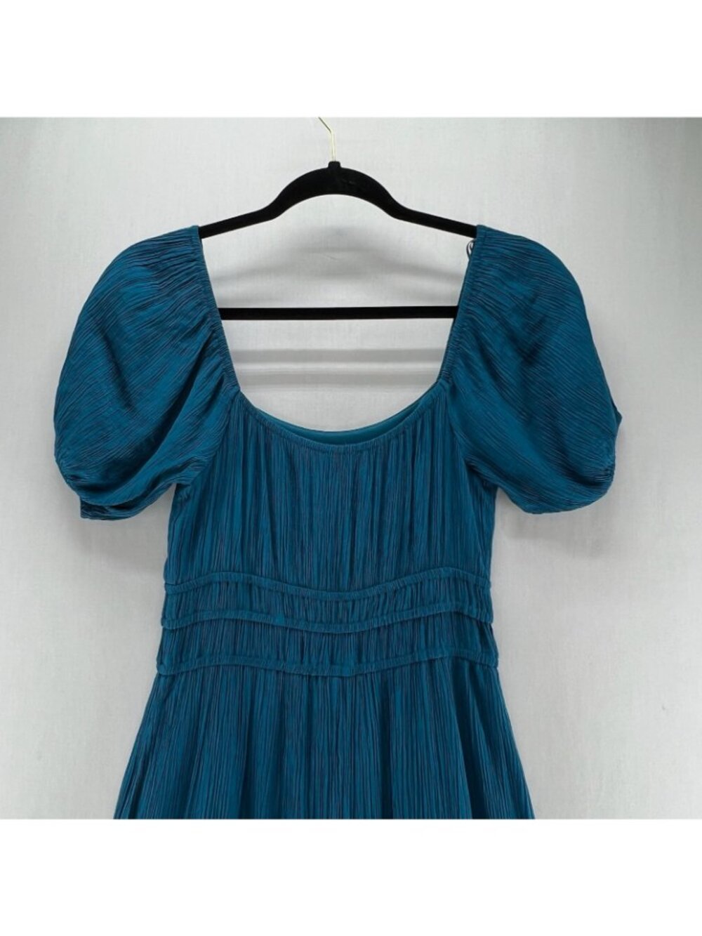 Max + Ash Crinkle Gauze Tiered Maxi Dress Womens S Smocked Puff Sleeve Teal Blue - Picture 5 of 14